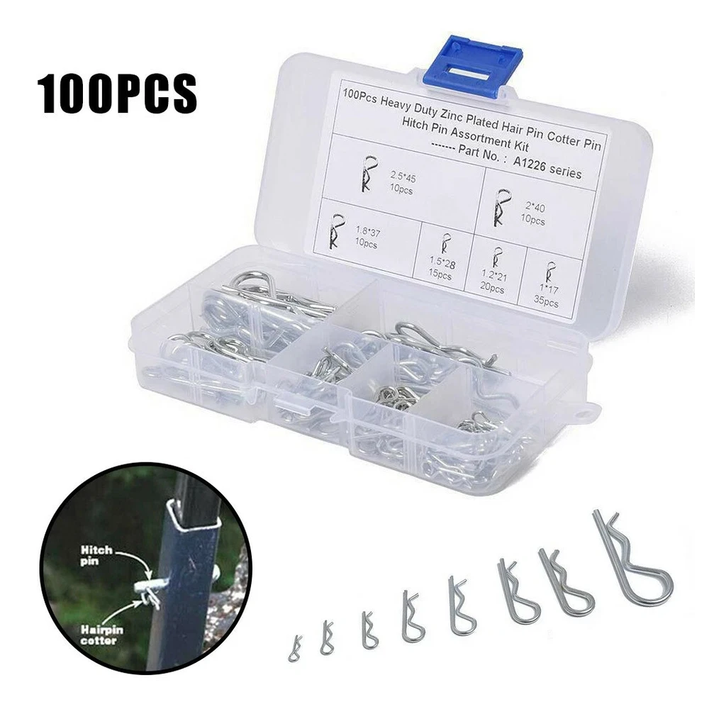 100Pcs R Clips Spring Lynch Hitch Cotter Hair Pin Assortment Stainless steel Tractor Set
