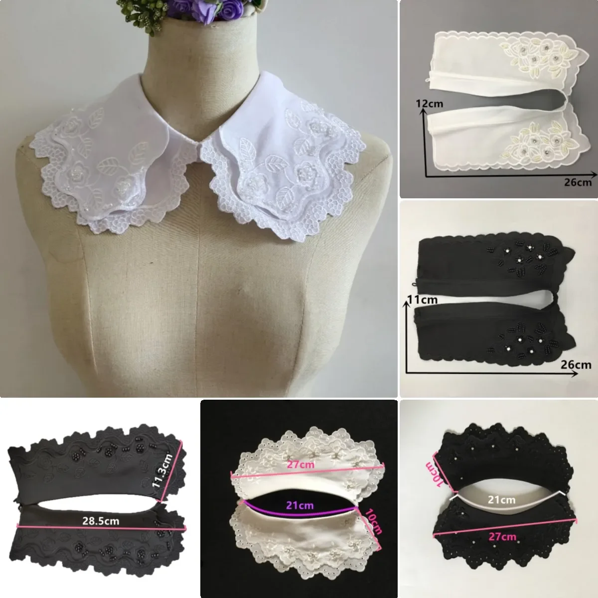 Wholesale sales of 10 pieces Black and white chiffon Button fake collar DIY polyester embroidered shawl clothing accessories