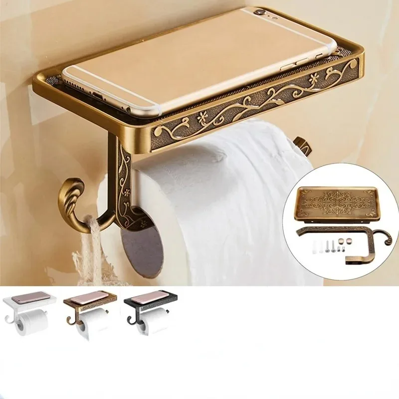 

Antique Carved Wall-Mounted Zinc Alloy Bathroom Mobile Phone Holder with Shelf Towel Rack Toilet Tissue Paper Holder