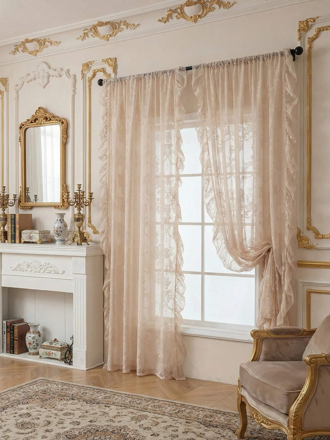 1 PC Princess Style Lace Valance French Creamy Vintage Floating Curtains Transparent Tulle with Leaf Edge for Home Decor