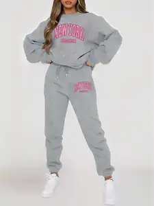 Women's New York Brooklyn Letter Print Fleece Sweatshirt & Jogger Pants Set