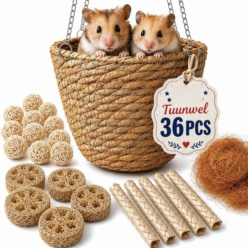 Hamster Hanging Bed for Enclosure Rest and Shelter, with Grass Basket Form, Open-Weave Body, Four-Point Metal Suspension 87HA