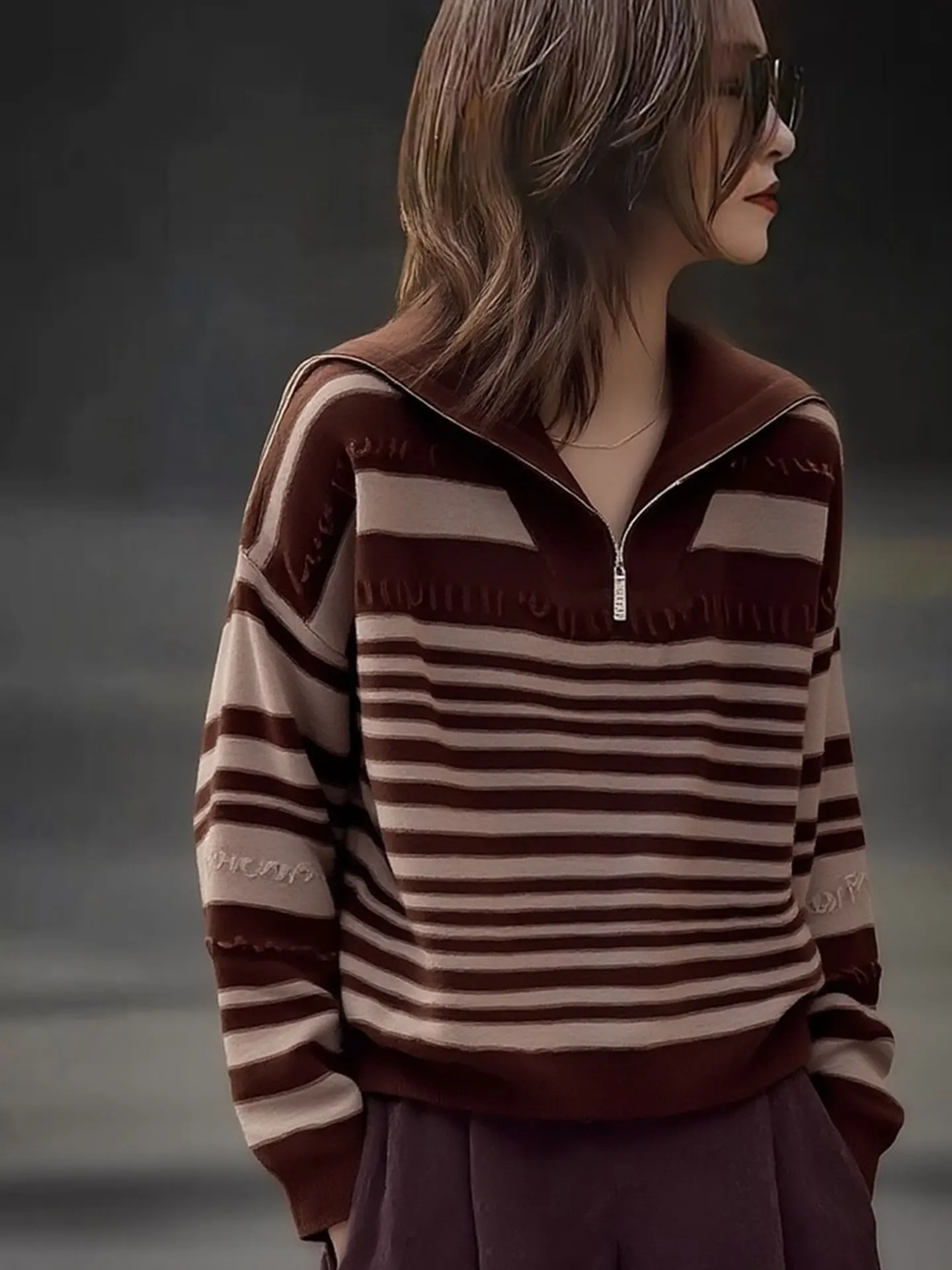 

Ele Striped Long Sve Knitted Sweater Zipper Loose Lazy Sle Women's Winter Faion Commute Warm Thiened Regular Fit