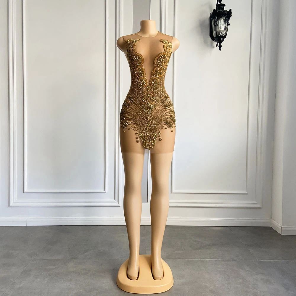 Sexy Sheer See Through Zwarte Meisje Korte Prom Dress Golden Diamond Luxe Kralen Kristallen Vrouwen Cocktail Partij Jassen Voor Verjaardag