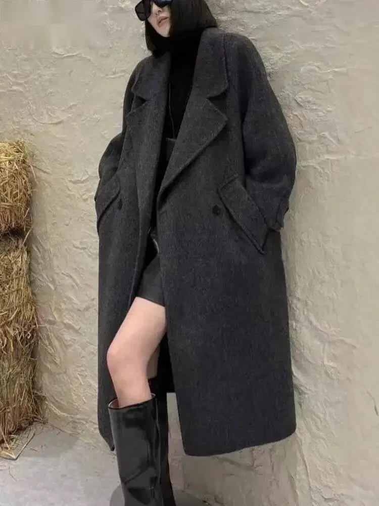 High Street Solid Color Wool Coat For Women Turn Down Collar Straight Patchwork Long Coats 2026 Autumn New 23ZUVTY