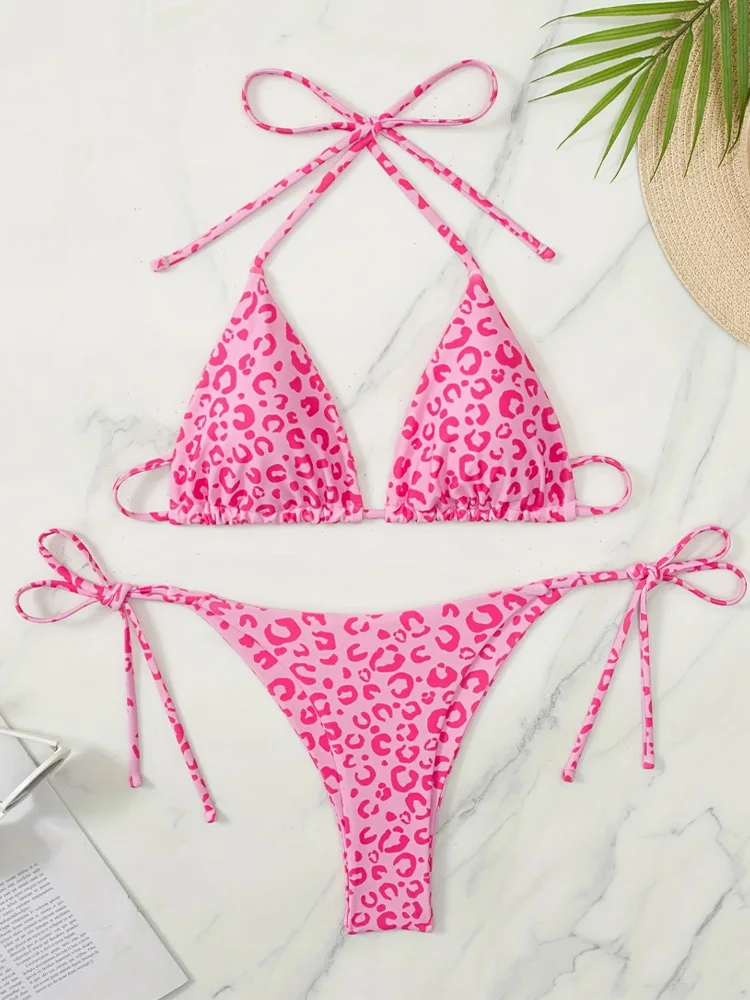 

NEW All Season Bikinis 2 PieceVzvn Sexy Pink Leopard Laced Up Bikini Women Split Swimsuit Beach Backless Brazil Bikini