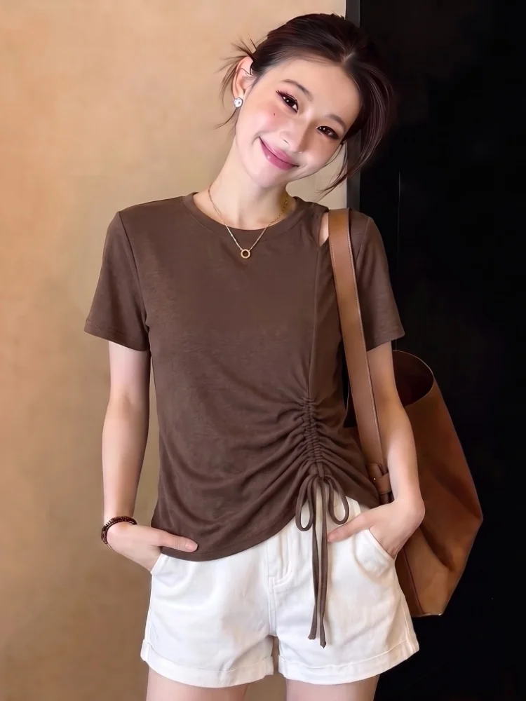 Café Brown Loose Fit Short Sleeve T-Shirt Women's Summer Thin New Style Large Size Fat MM Half Sleeve Body Shirt Top