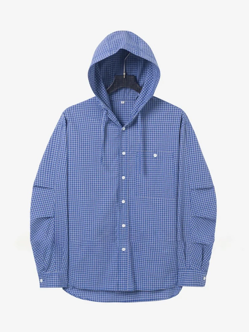 

Blue Plaid Long Sve Hooded irt Men's Summer Thin Sun Protection Outerwear Cleanfit Casual irt Loose Fit Youth Trend