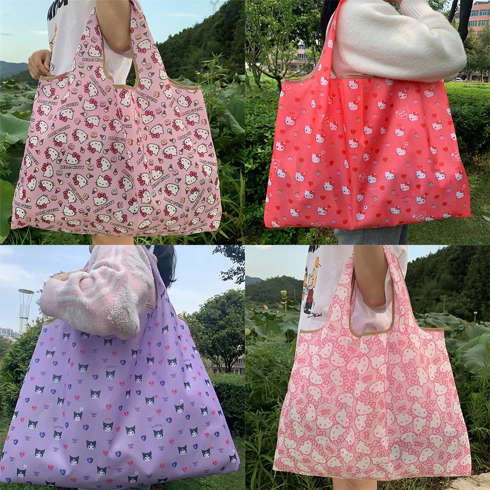 Hello Kitty Anime Sacolas para Meninas, Grande Capacidade, Sacos De Compras, Dobrável Armazenamento De Viagem, Saco de Mão Kawaii Portátil, Sanrio Kuromi