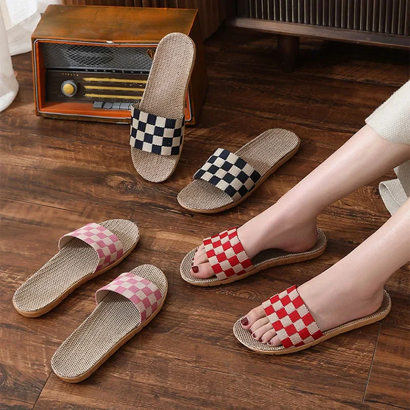 New Checkerboard Linen Slippers Women 2022 Summer Indoor Home Shoes Household Non-slip Couple Four Seasons Men\'s Sandals Y