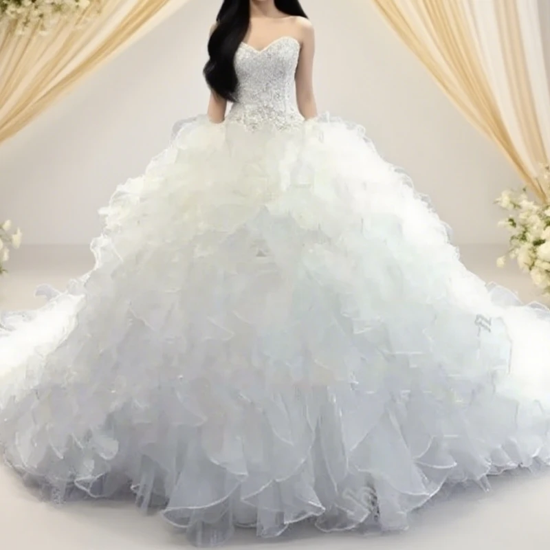 

Luxury Beaded Embroidery Ball Gown Wedding Dresses Princess Gown Corset Sweetheart Organza Ruffles Cathedral Train Bridal Gowns