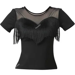 New Adult Women Latin Short Sleeved T-shirt Stage Competition Dancewear Ballroom Samba Dancing Practice Costume