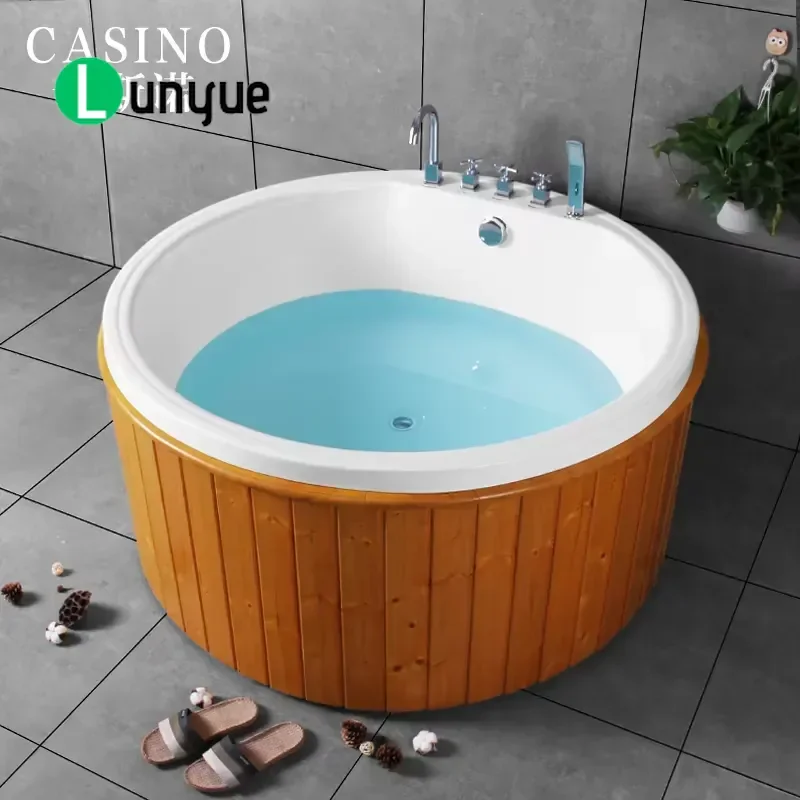 Large Round Acrylic Whirlpool Bathtub Independent Wooden Tub with Faucet for Bathroom Home Spa Relaxation