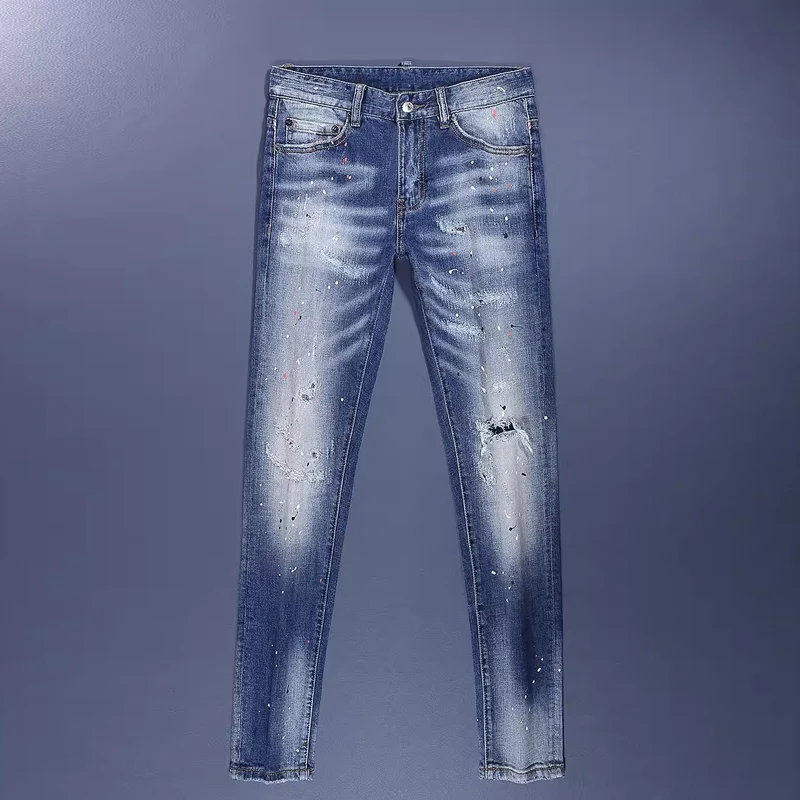 Men's Y2K Stretch Slimming Painted Ripple Jeans High Street Fashion Retro Blue Denim Pants Designer Brand Hombre
