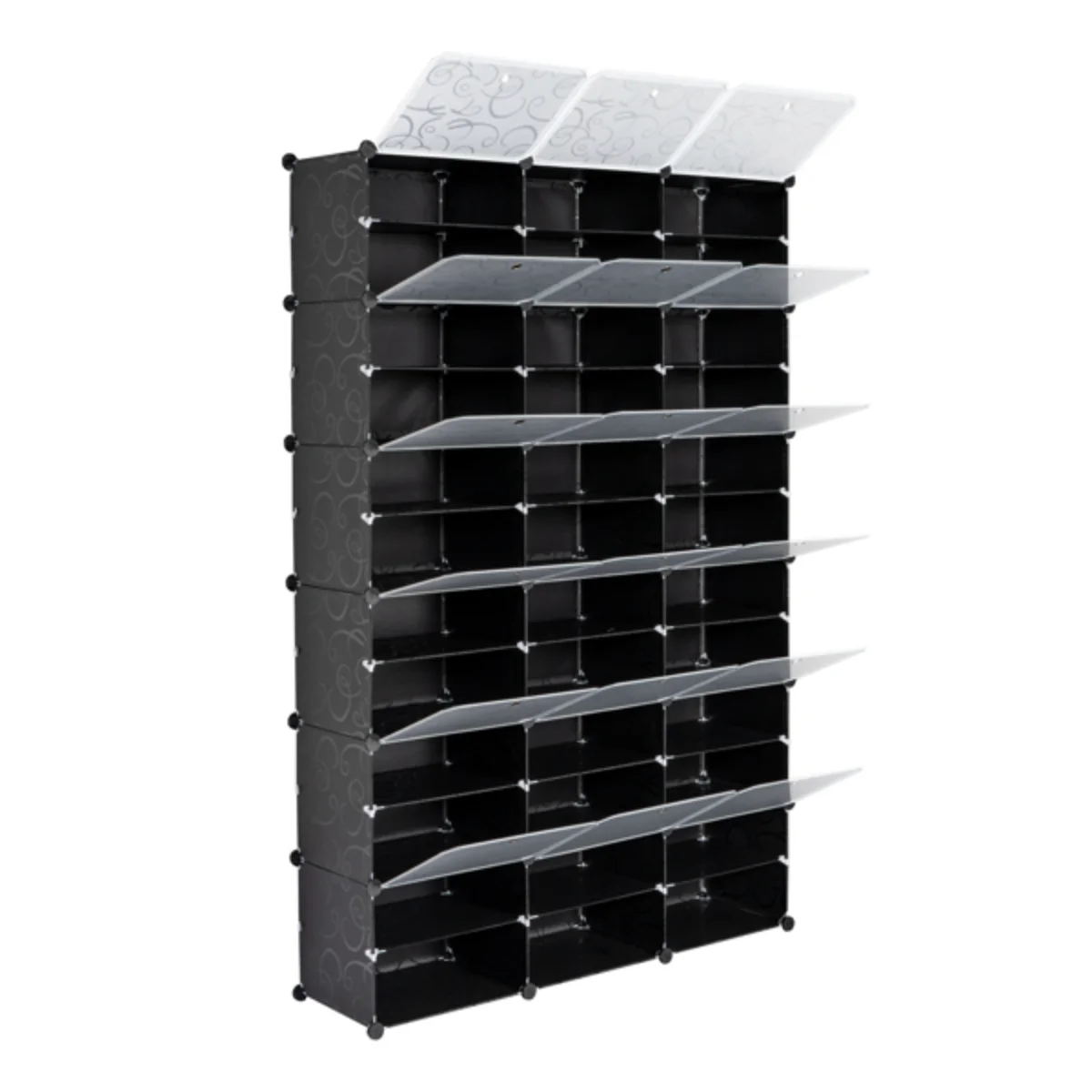 

3×12×36 Magic Cube Shoe Rack | 40×30cm Grid - Plastic/Steel (122×32×180cm) Semi-Trans Doors&Black Body - N001 Transformable DIY