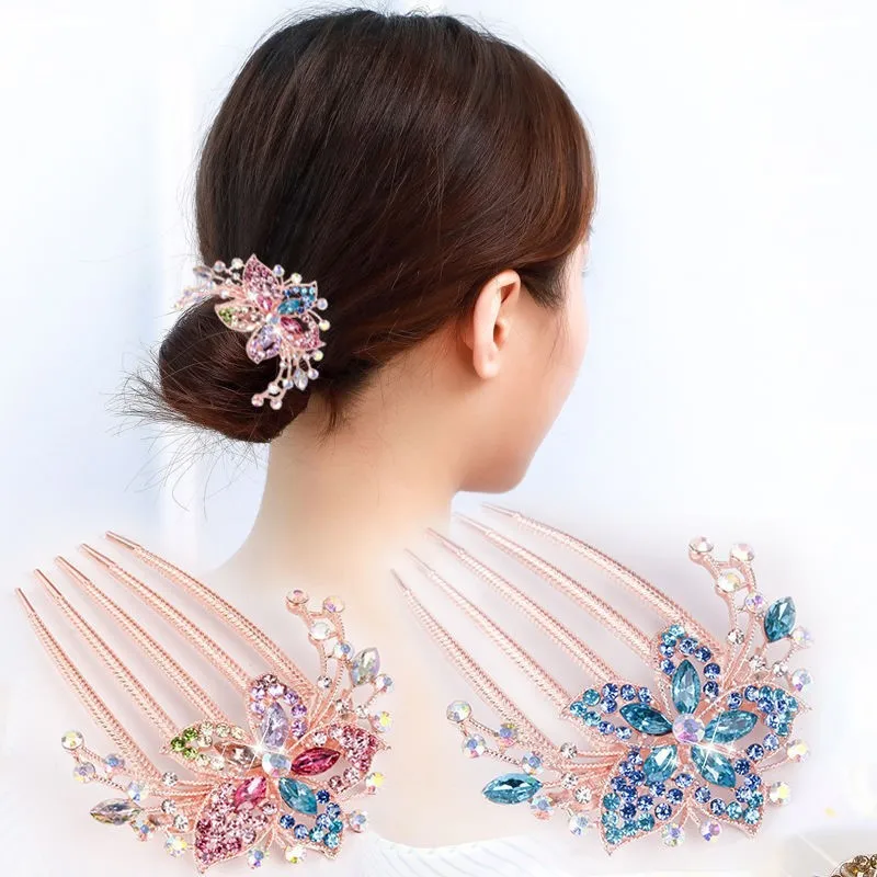 Crystal Flower Comb Set Rhinestone Hair Clip Elegant Hair Accessory For Women Suitable For Daily Styling At Weddings And Parties