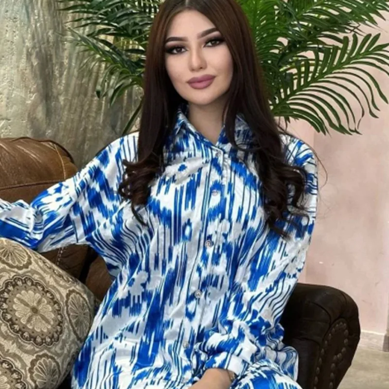 

Fashion loose satin printing long-sleeved wide-leg trousers two-piece set simple temperament elegant versatile high-end vacation