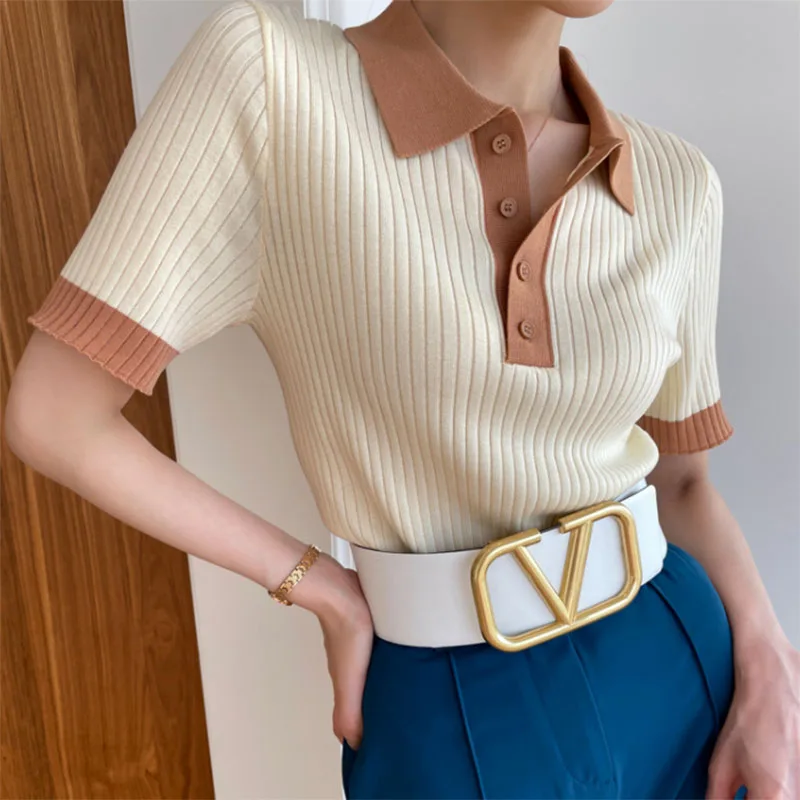 

2024 Summer Vintage Sweater knit t shirt women polo collar soft knitwear tees female casual pullover women crop tops