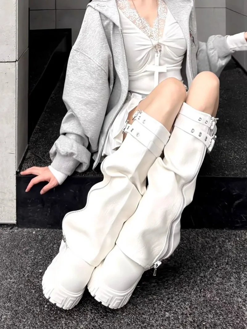 Lady Statement Platform Knee High Boots, Cargo Style Strap Rivet Zipper Faux Leather Long Boots, Futuristic Streetwear Boots