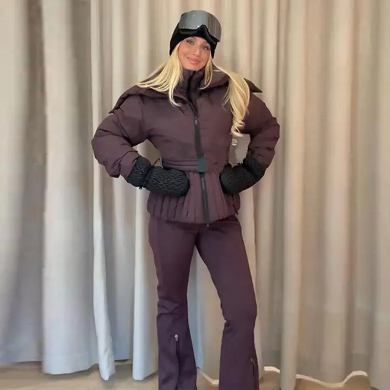 Hooded Skiing Coats Women Solid Stand Collar Belts Pleated Zippers Full Sleeve Thicken Cotton Jacket 2026 Winter Lady Outwears