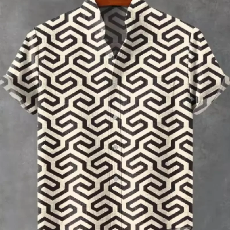 

2025 Summer Men's Symmetrical Pattern Printed Shirt Casual Stand Collar Comfortable Linen Short Sleeve Shirt