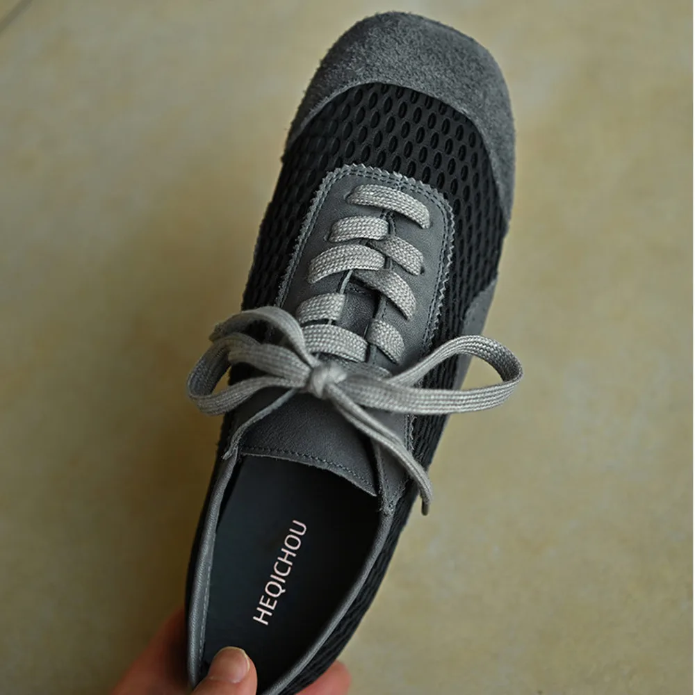 Women Dark Gray Genuine Leather Sneakers Mesh Suede Patchwork Lace‑Up Flat Retro Training Shoes view 5