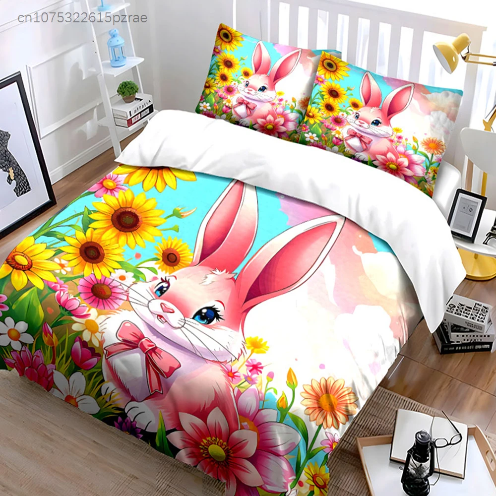 "Cartoon Bunny Floral Set - Decorations" Multiple Sizes kid's And adults' Bedroom Exquisite 3PC Bedding set, Gift