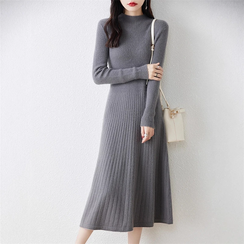 

NEW 2026Half high collar 100% wool dress for women, slim fit, autumn and winter knitted with long skirt