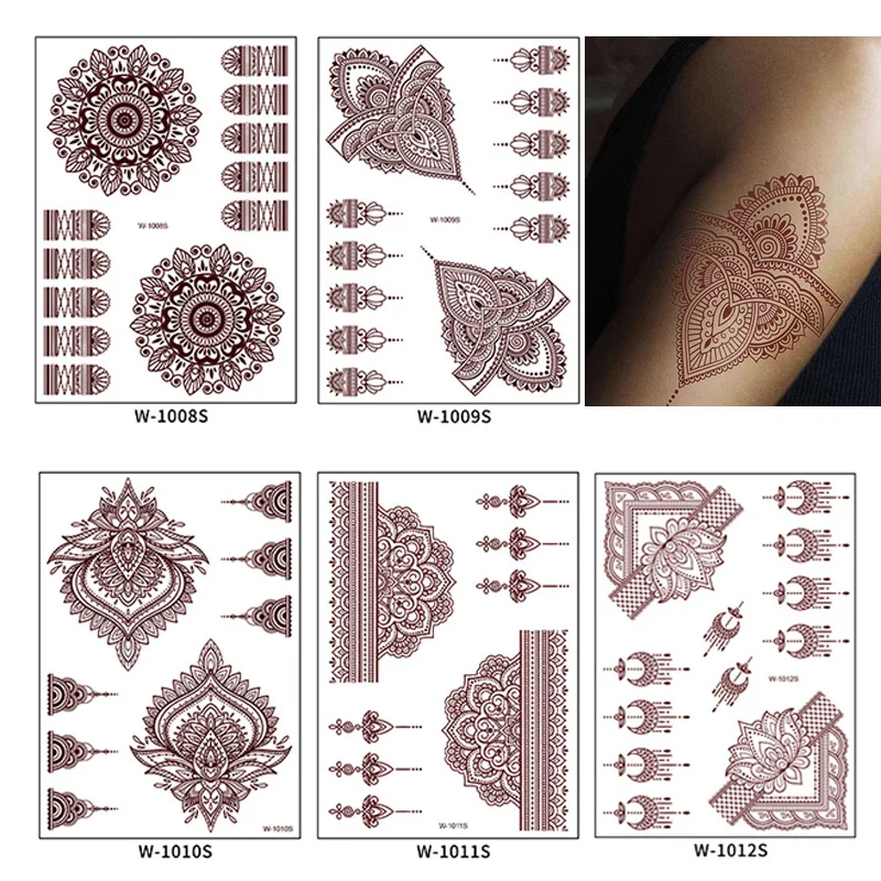 Brown Henna Lace Temporary Tattoos Sticker For Women Waterproof Long Lasting Lace Floral Tattoo Stickers Body Art Fake Tattoo