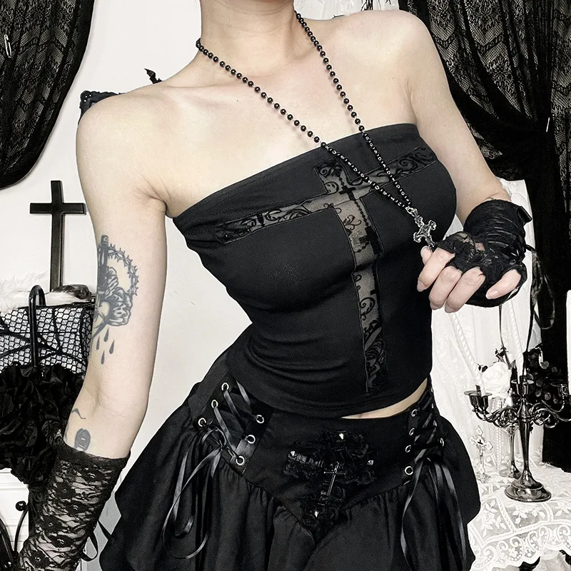 

Модные топы без бретелек в американском стиле, летние короткие тонкие жилеты без бретелек с крестом, новый темный стиль, женский повседневный топ-труба 2000-х годов