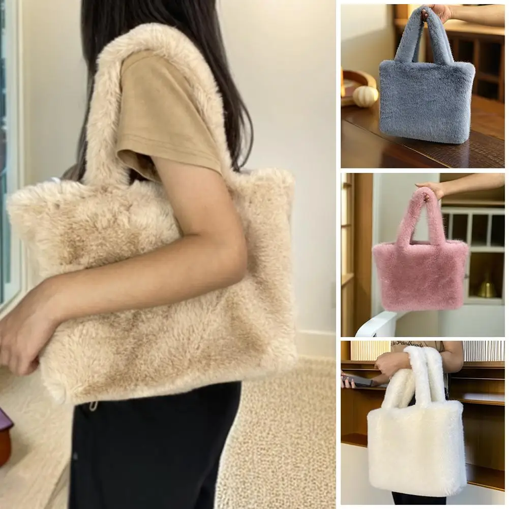 

Large Capacity Tote Bag Plush Faux Rabbit Fur Shoulder Bag For Women Daily Commute Student School Bags Trendy Fashion Casual