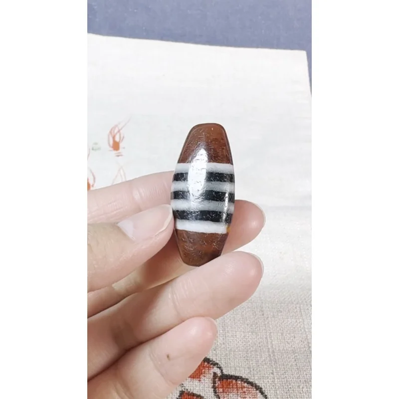 Ancient Tibetan DZI Beads Old Agate Black 3 Stripe Totem Amulet Pendant GZI#3082