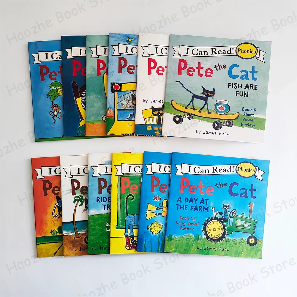 

12 Books Pete the Cat I Can Read Phonics English Picture Book Story Pocket Book for Children Kids Montessori Bedtime Reading