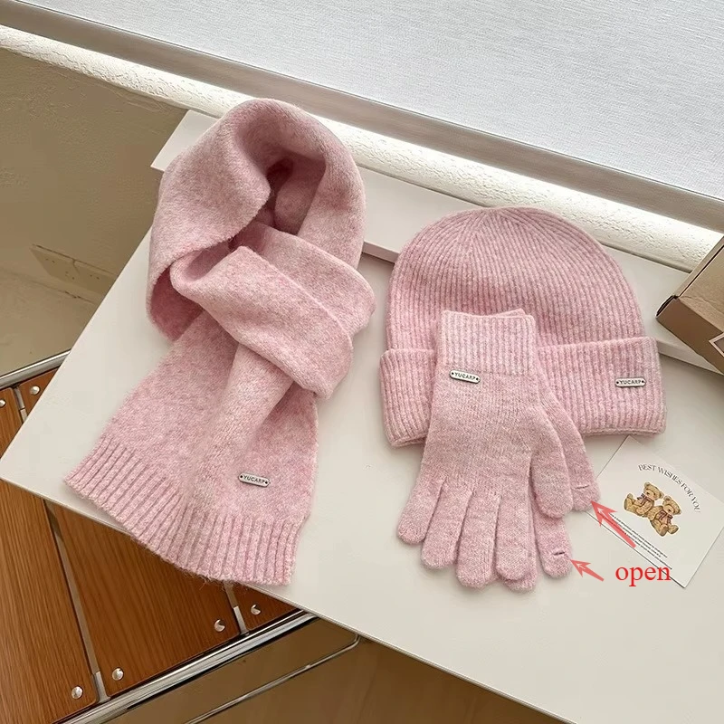 new-solid-color-knitted-thick-scarf-women's-warm-hat-gloves-three-piece-set-cold-resistant-warm-soft-scarf-couple
