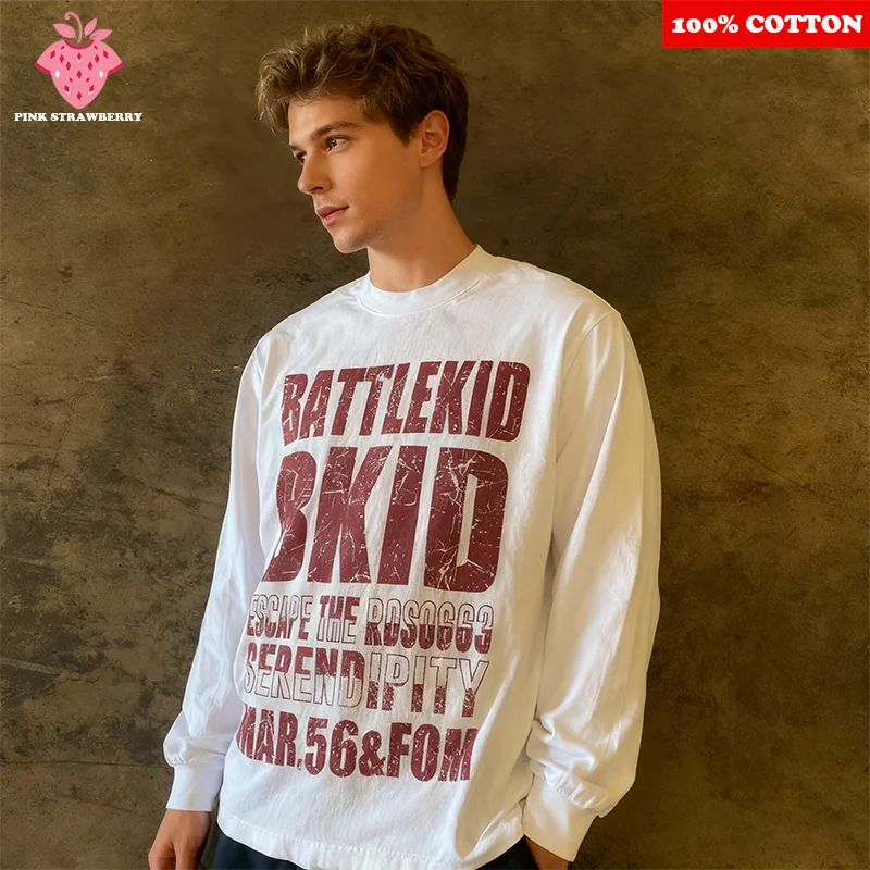 

American Retro Letter Print T-shirt Men Women 2025 Autumn New 100% Cotton White O-Neck Long sleeves T-shirt Y2k Top Men clothing