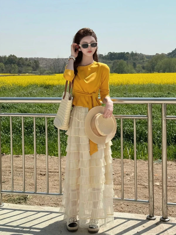 

Chic Spring 2026 Dopane Anti-Aging Clothing Set T-irt with Belt Long Skirt Two-Piece Set Casual Sle Polyester Fiber