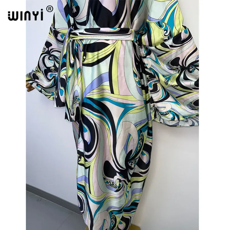 2022 Middle East WINYI new Muslim coat Boho Print Self Belted Front Open Long Kimono kaftan Beach Tunic Women Wrap Dresses