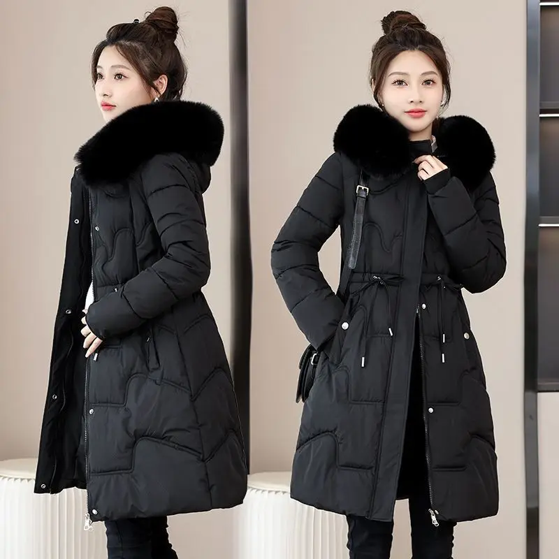 Parkas quente casual parka jaqueta 2025 novo casaco de inverno feminino gola de pele com capuz grosso preto cáqui neve outerwear