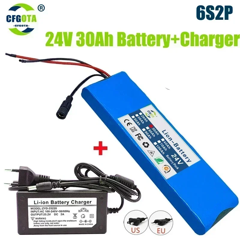 

24V 30000mAh 6S2P 18650 Lithium Battery Pack 25.2V 30000mAh With BMS For Electric Bicycle Moped + 2A Batteries Charger