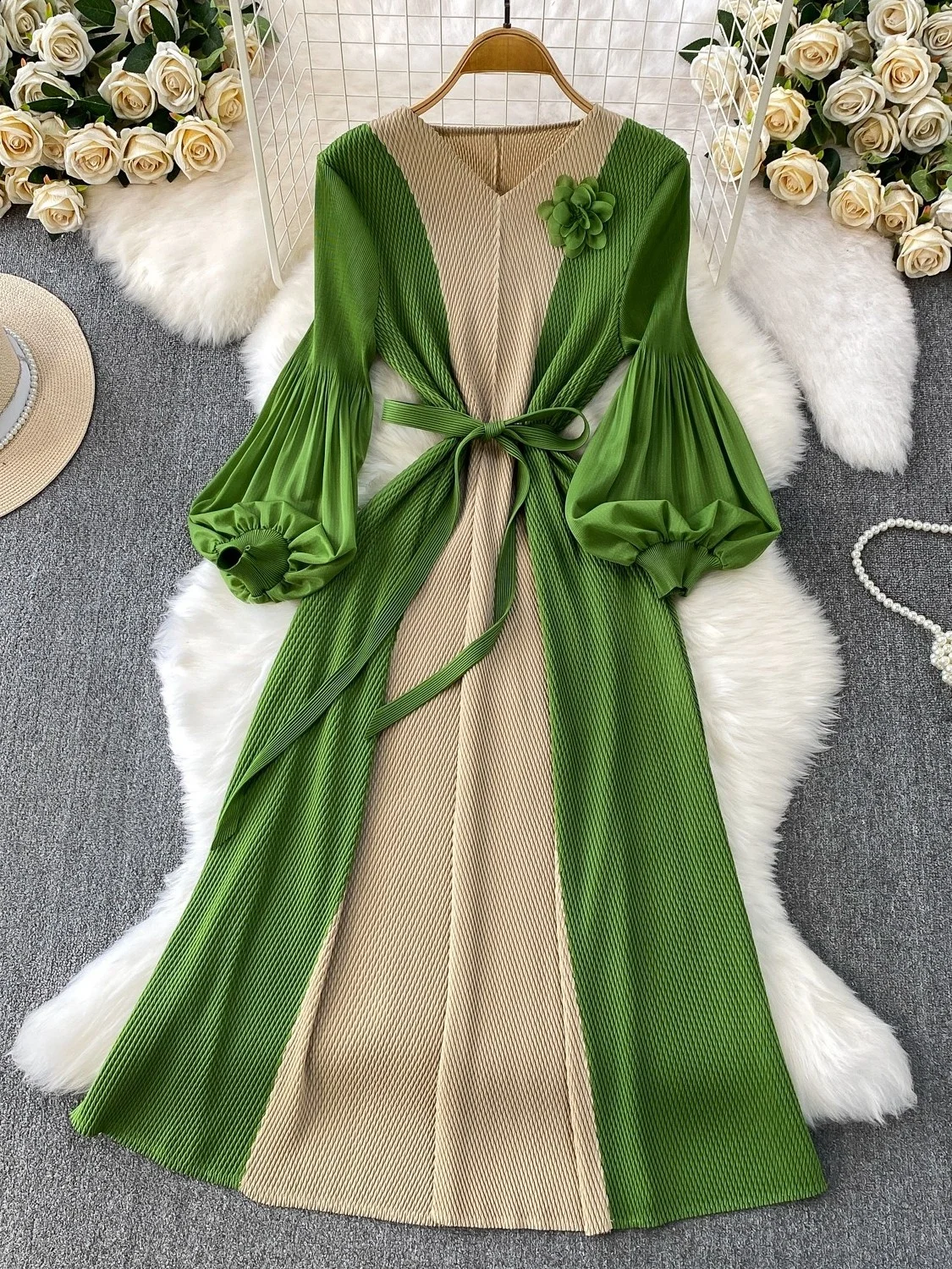 

Ele Color Blo 3D Flower V-Ne Lantern Sve Плиссированная юбка трапециевидной формы с завязкой на талии Dr Luxury Faion