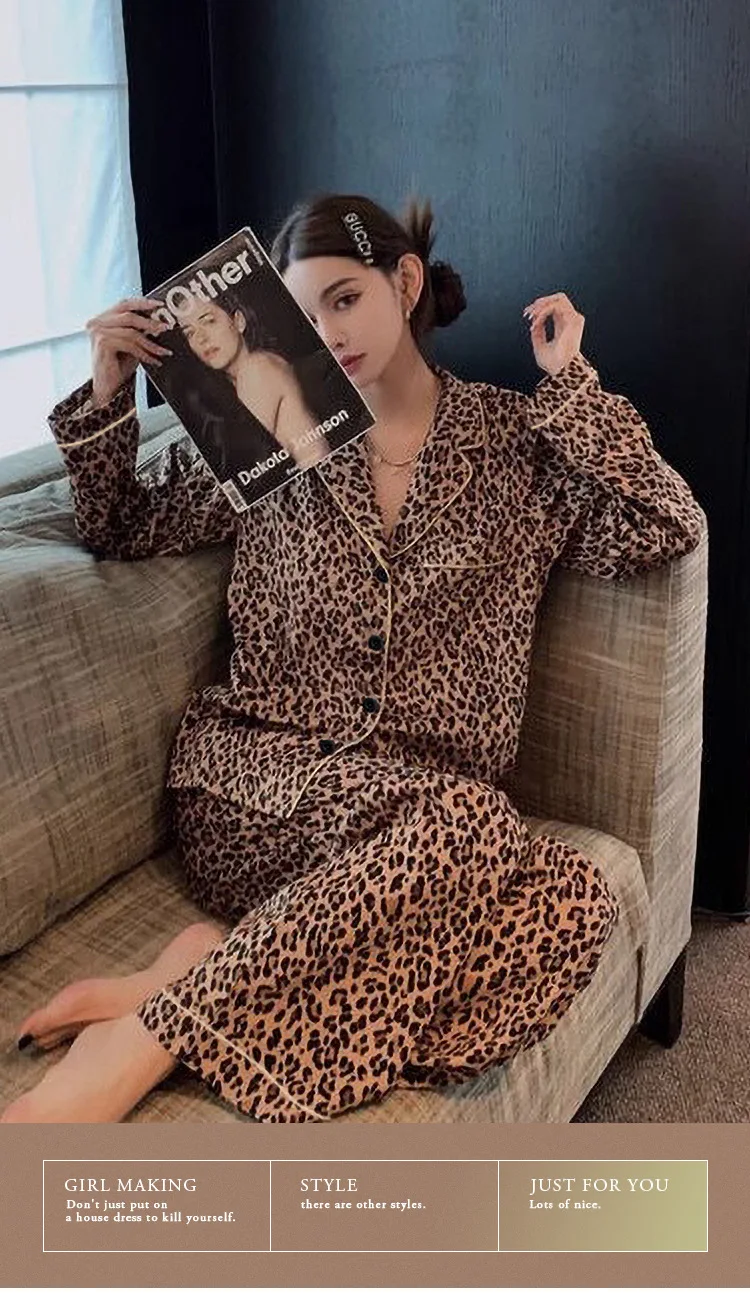 Spring and Autumn New Women's Pajama Home Clothes Set Leopard Pattern Collar Breathable Pajama Home Clothes Long Sleeve Set