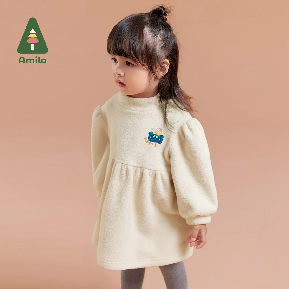 

Amila Baby Girl Dresses 2024 Winter New Mock turtleneck Fleecing Cartoon Pattern Cute Plush Baby Clothing