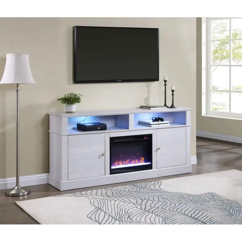 

70" White Walnut TV Stand Console with Fireplace and Heater Unit