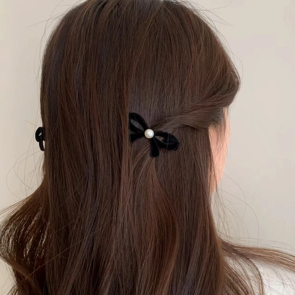 Korean Velvet Pearl Bow Hair Clip for Women Girls Vintage Small Black Red Wedding Hairpins Sweet Barrette Hair Accessories