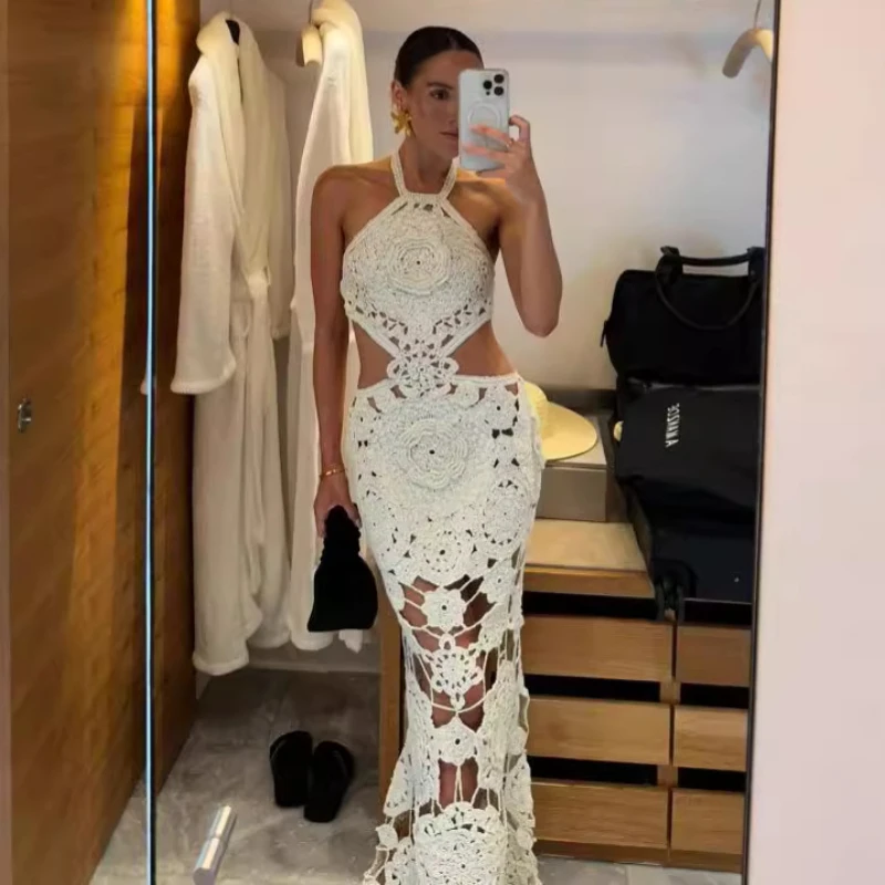 

Hook Crochet Flower Long Dresses Women Knitted Halter Sexy Hollow Out Sleeveless Backless Maxi Dress Holiday Fashion Beach Robes