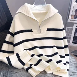 Women Striped Sweater Short Section Thickened Inner Zipper Bottoming Shirt Hedging Head Outerwear Tops Autumn and Winter