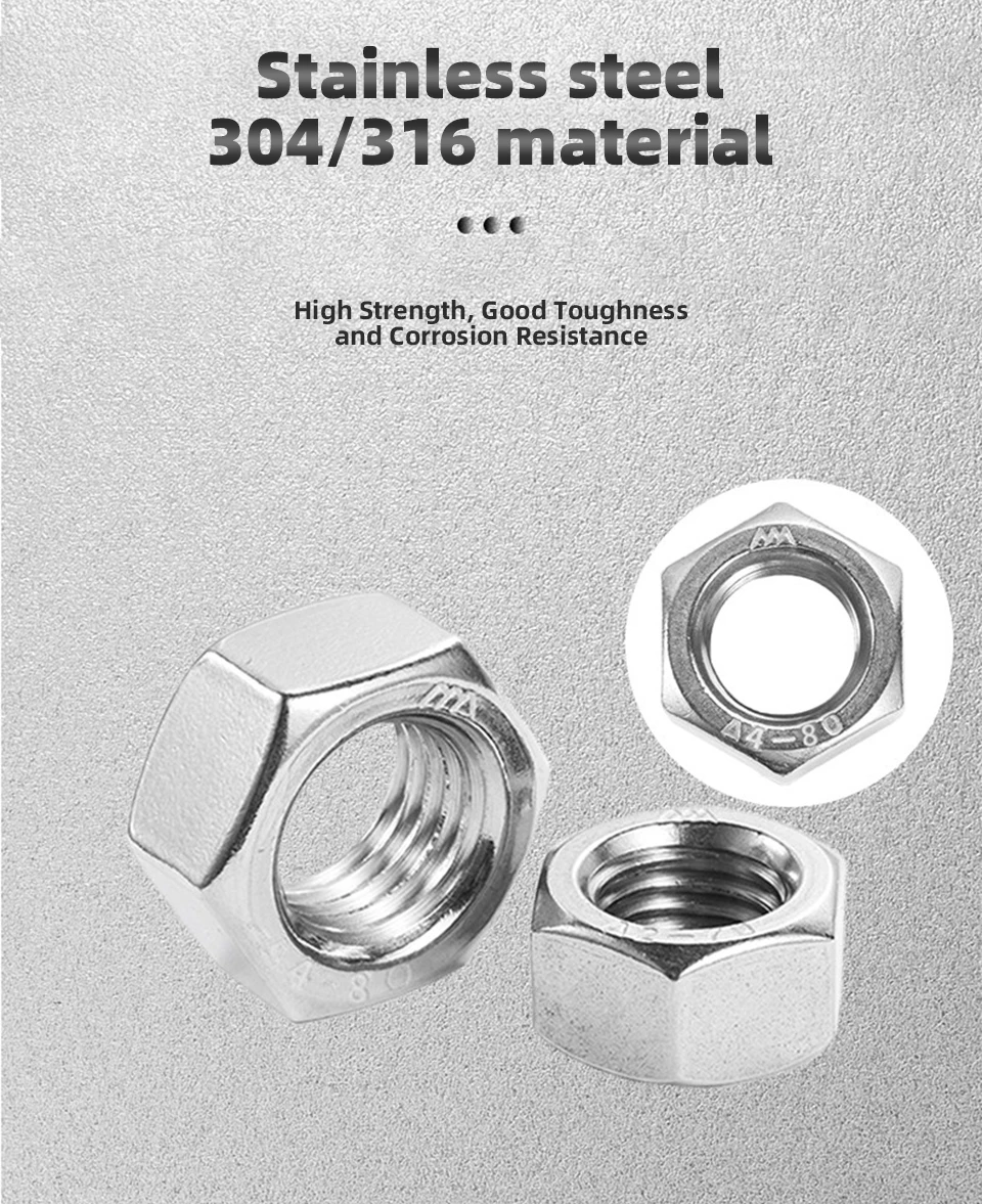 Sechskantmuttern 304/316 Edelstahl Sechskantmuttern A2/A4-70 Metrisches Gewinde Befestigungselemente M2 M3 M3,5 M4 M5 M6 M8 M10 M12 M14 M18-M30 DIN934 – Detail 9