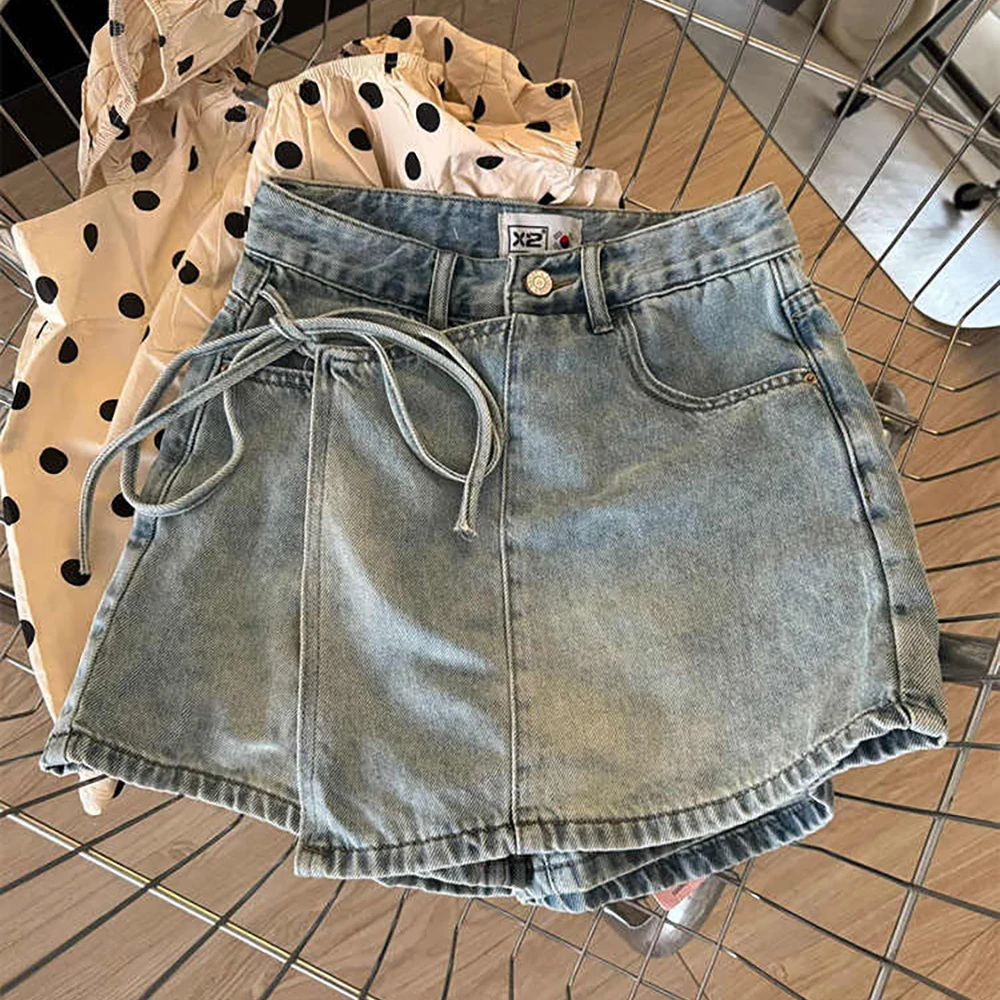 

Summer Half Length Short Skirt Pants for Women 2025 New Fashion High Waist A-line Lace-up Denim Shorts Female Casual Hot Pants