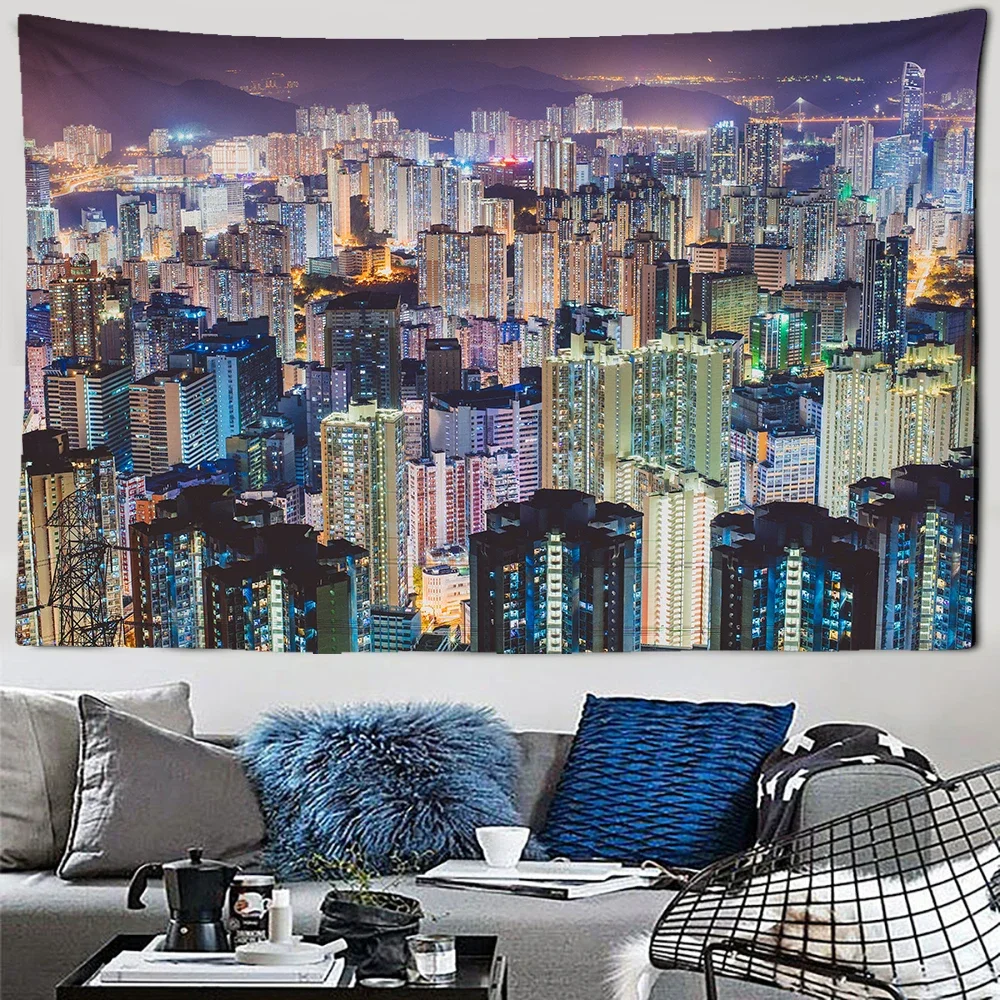 City Night View Tapestry Scenery Fancy Metropolis Wall Hanging Aesthetics Background Wall for Bedroom Living Room Decorations