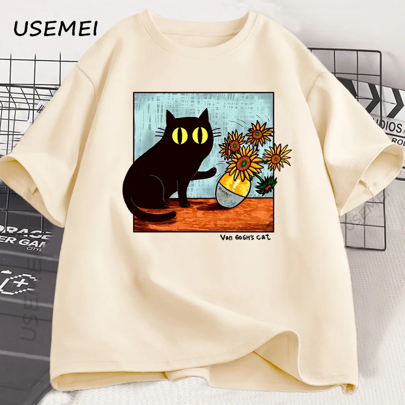 Van Gogh Cat Graphic T Shirts Men Women Flower Black Cat T-shirt Round Neck Cotton Short Sleeve Trendy Tee Shirt Streetwear image 2